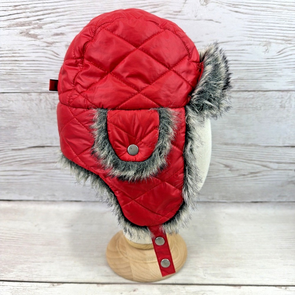 REI Quilted Aviator Hat Girl's Red Faux Fur Insulated 7-14Y Excellent